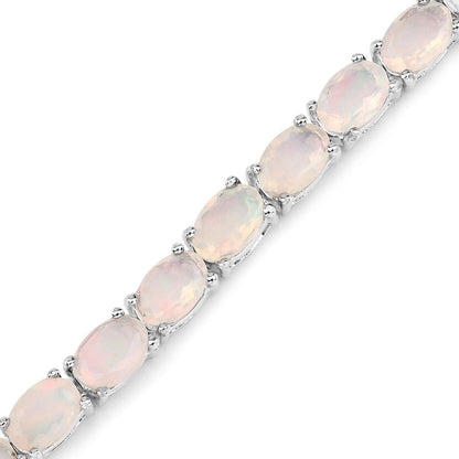 7.83 Cttw Oval White Ethiopian Opal Prong Rhodium Plated Silver Tennis Bracelet