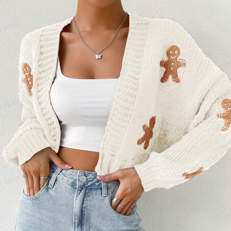 Gingerbread Man Knit Cardigan with Ribbed Cuffs