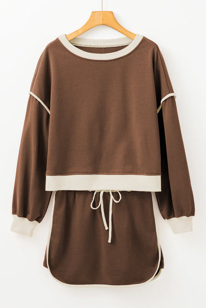 Violeta Loose Pullover and Lace-up Waist Skort Set - Threaded Pear