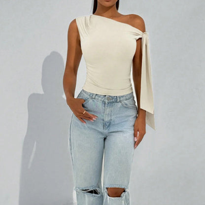 Women’s One-Shoulder Asymmetrical Tie Shoulder Top – Going Out & Party Shirt
