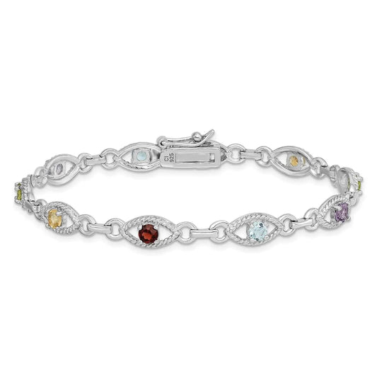 Genuine Multi Gemstone Silver Link Bracelet