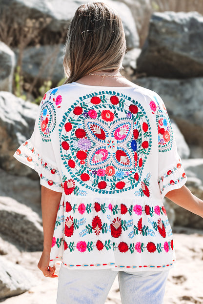 Threaded Pear Selene Boho Floral Ruffle Trim Blouse