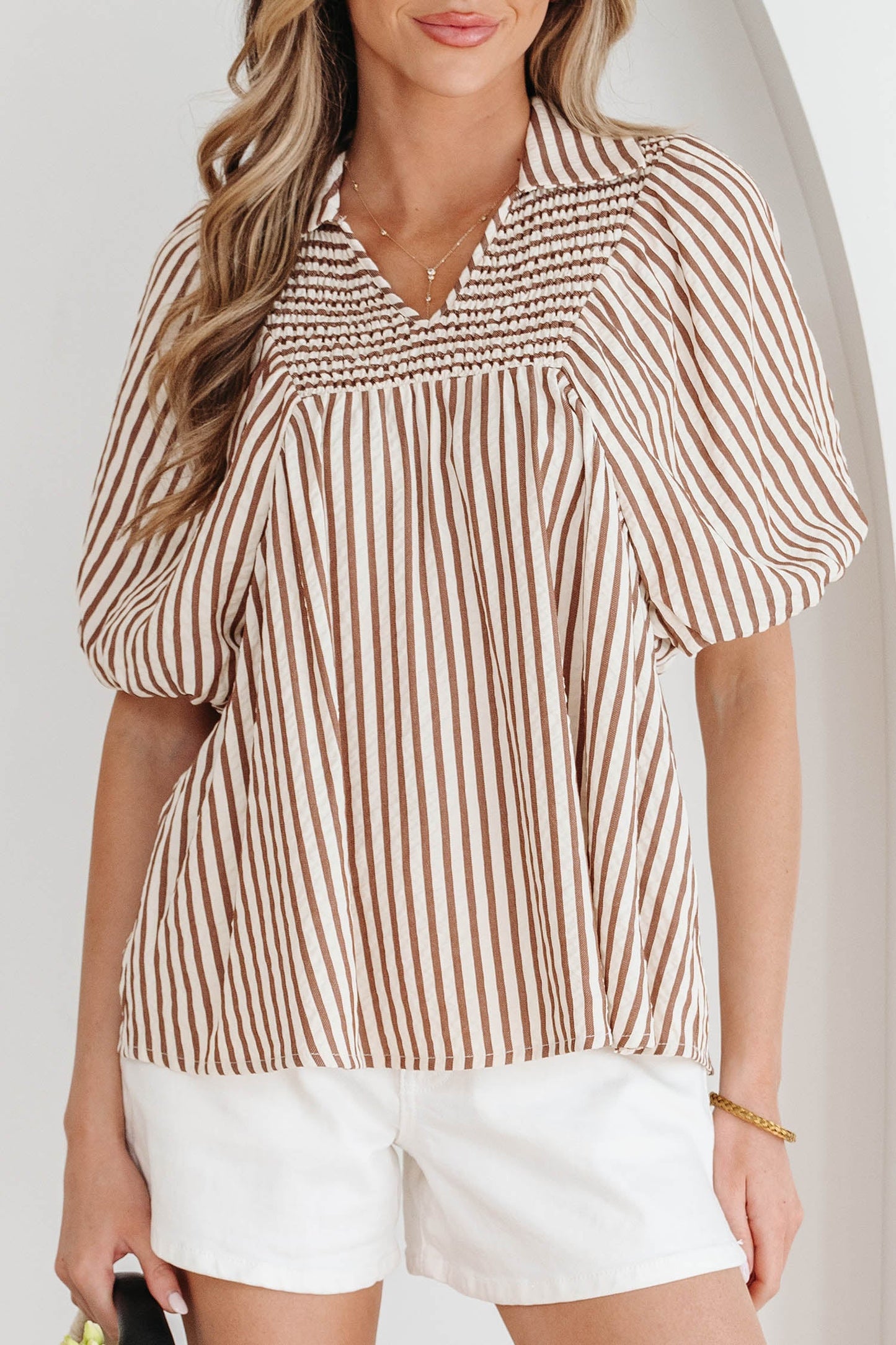 Threaded Pear Lina Short Puff Sleeve Blouse