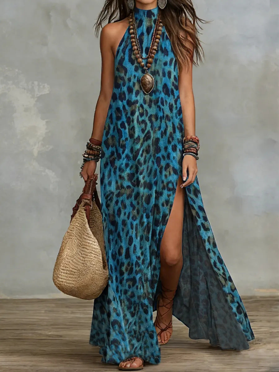 Women's Printed Scarf-Style Maxi Dress Sleeveless, Split, Loose Boho Blue / XL Women's Printed Scarf-Style Maxi Dress Sleeveless, Split, Loose Boho Blue / XL
