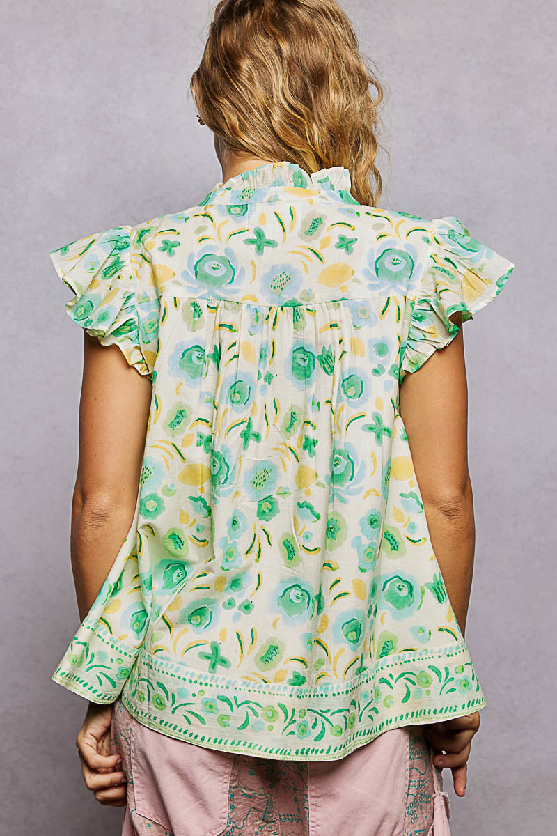 POL Tassel Tied Floral Flutter Sleeve Blouse in Mint