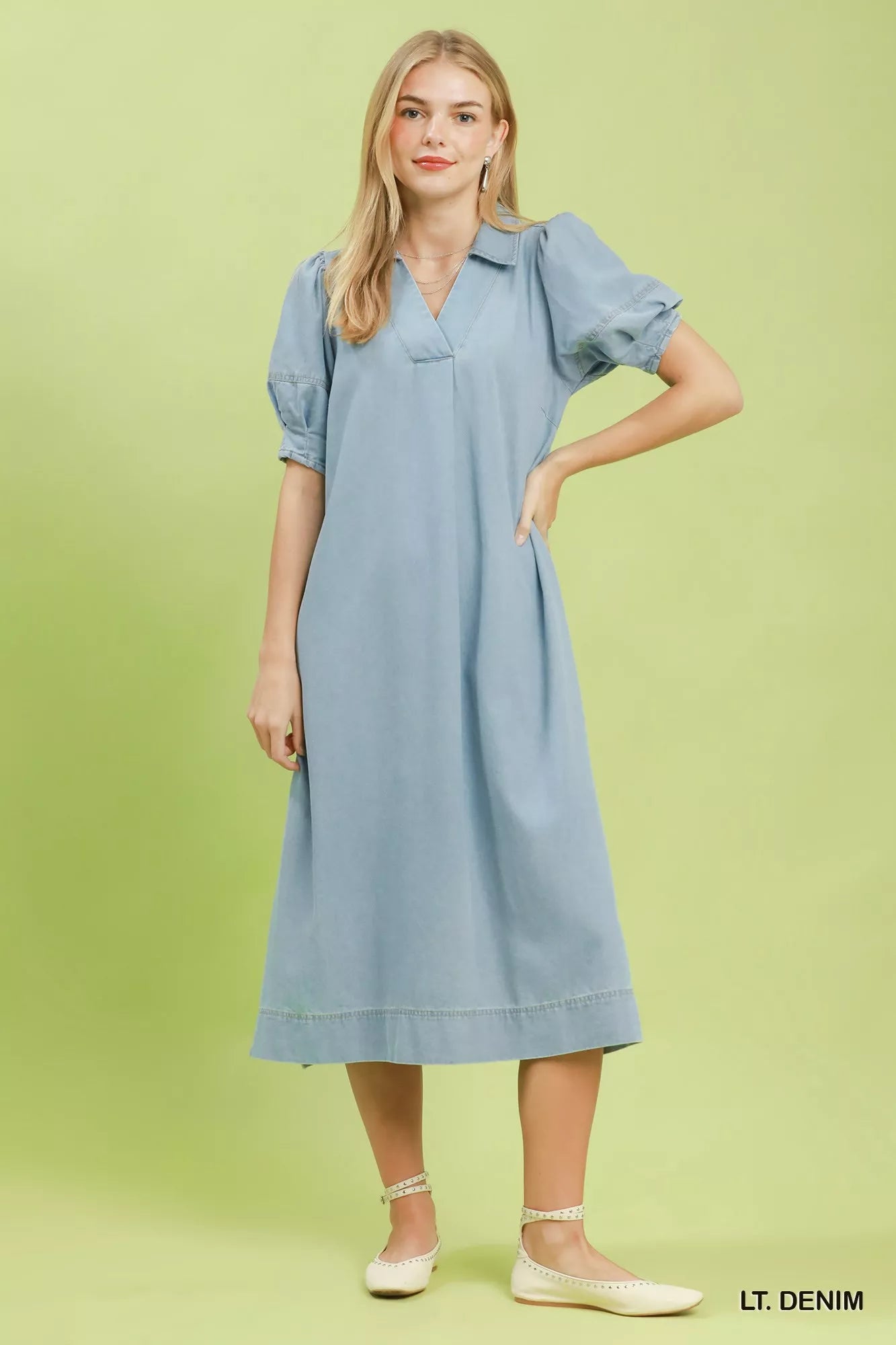 Umgee Chambray Collared Puff Sleeve Dress in Denim