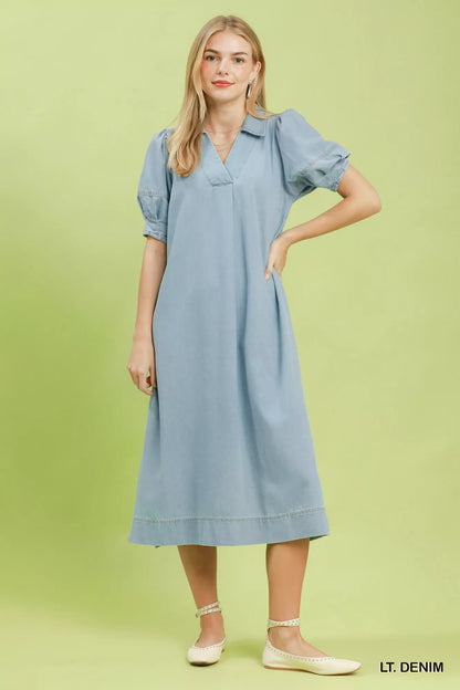 Umgee Chambray Collared Puff Sleeve Dress in Denim