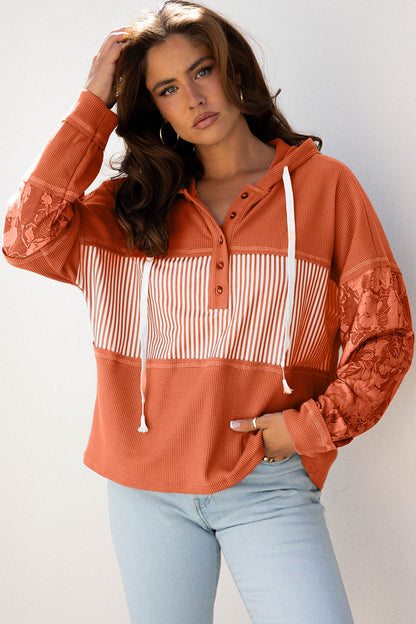 Threaded Pear Taytum Patchwork Drawstring Hooded Long Sleeve Top