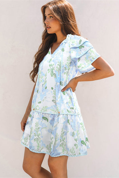 Threaded Pear Madalyn Floral Contrast Edge Layered Short Sleeve Mini Dress