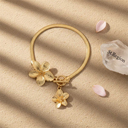 Goldtone Thick Herringbone Chain Dual-Flower Charm Toggle Anklet