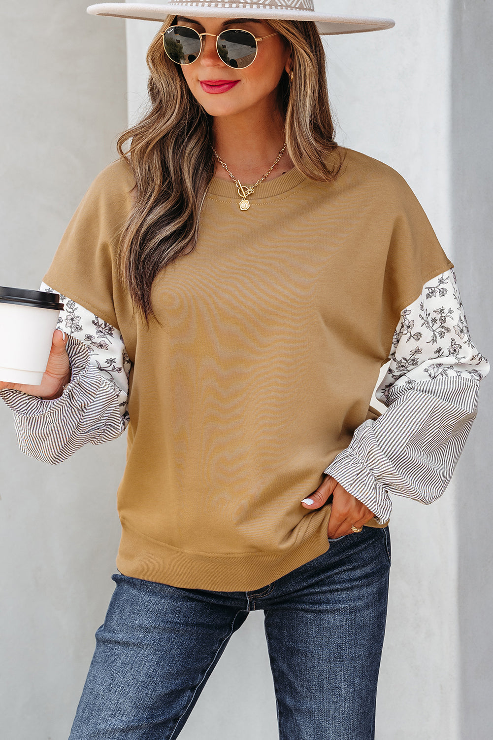 Threaded Pear Beazita Patchwork Ruffled Sleeve Sweatshirt