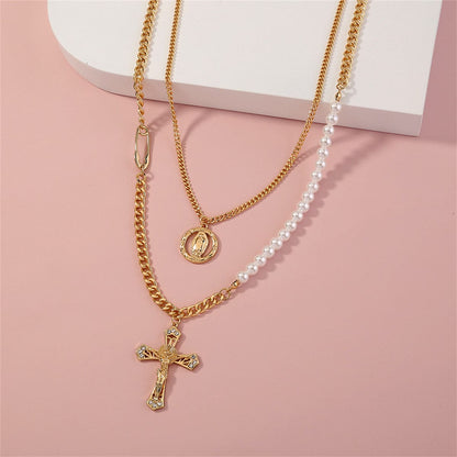 Cubic Zirconia & Pearl Goldtone Cross Layered Necklace
