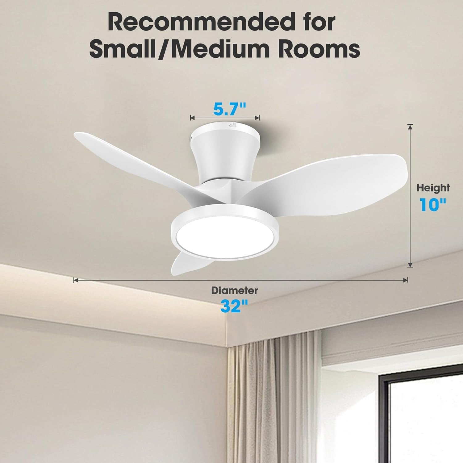 Quiet Ceiling Fan with LED Light DC Motor 32 Inch Large Air Volume Remote Control White for Kitchen Bedroom Dining Room Patio