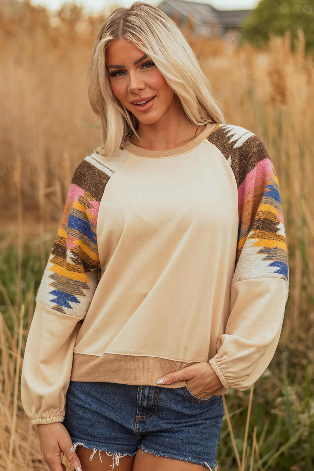 Threaded Pear Logan Aztec Patchwork Raglan Pullover Sweatshirt
