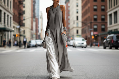 Women's Sleeveless Off-Shoulder Loose Maxi Dress with Pockets