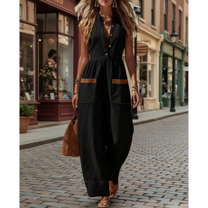 Women's Sleeveless Wide-Leg Jumpsuit – Loose Fit, V-Neck, Cotton Linen