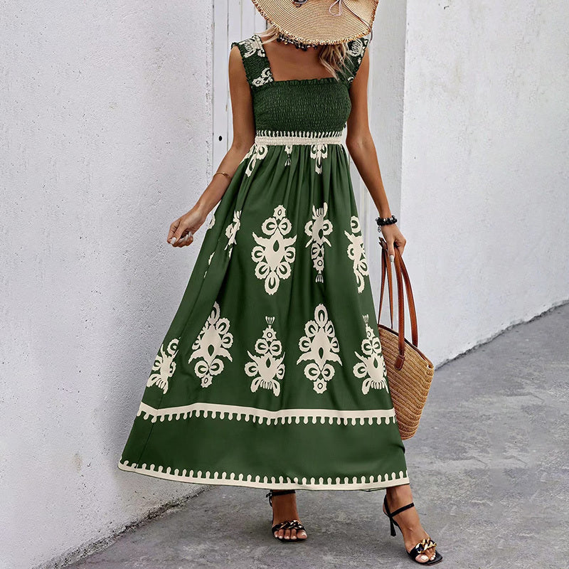 Women's Wide-Strap Printed Maxi Dress – Smocked Bodice & Tassel Waist