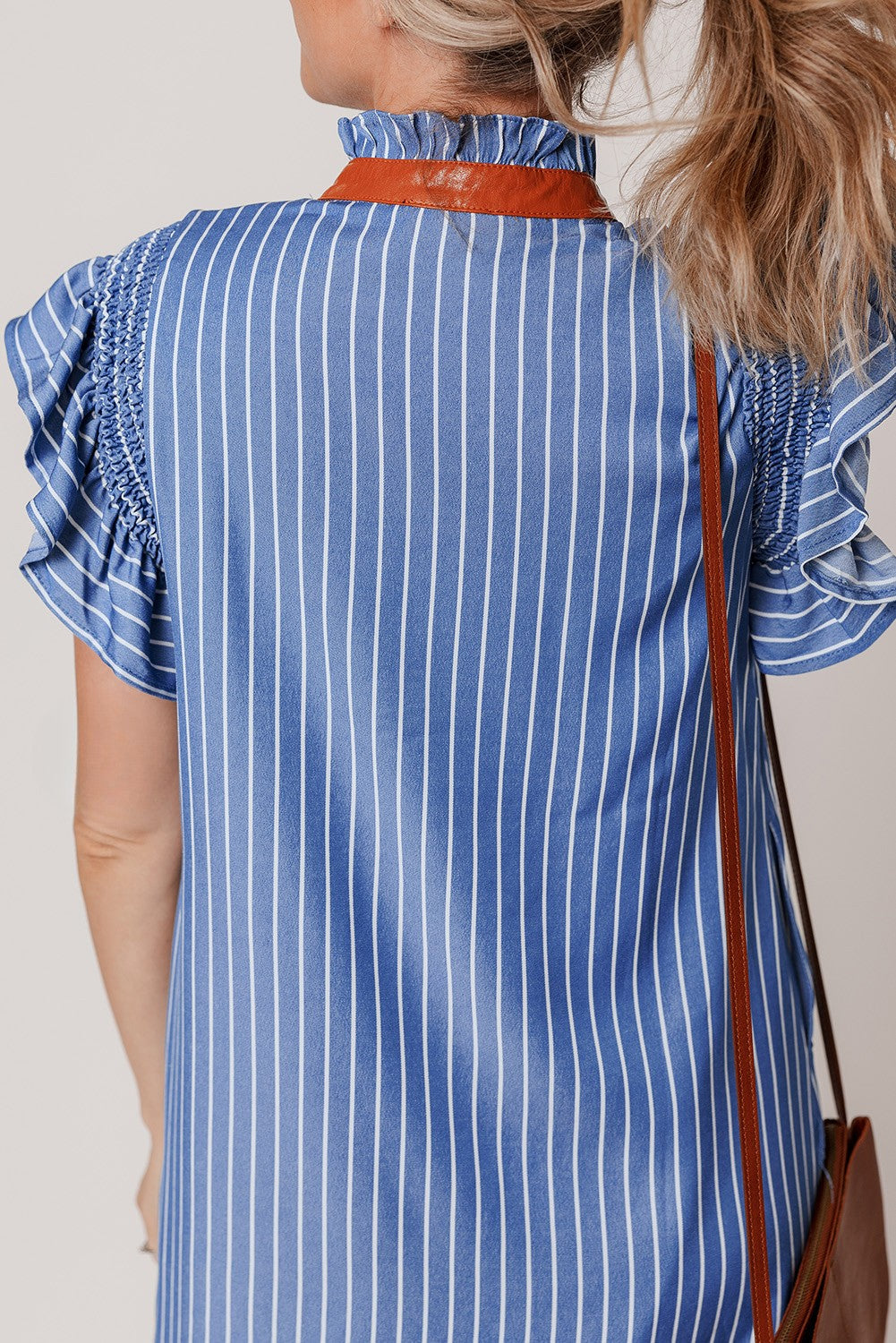 Threaded Pear Leah Stripe Frilly Split Neck Shirred Ruffle Sleeve Dress
