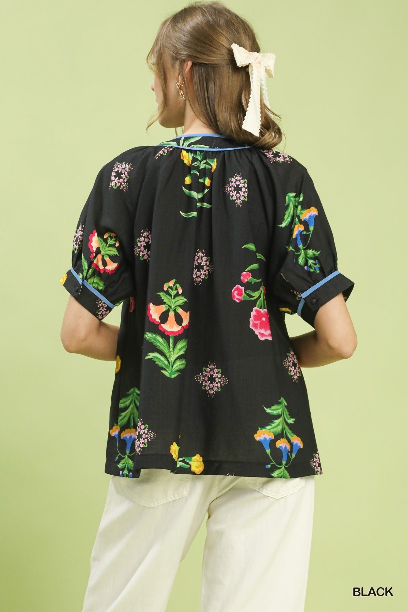 Umgee Botanical Print Contrast Trim Button Blouse - Black Sz L