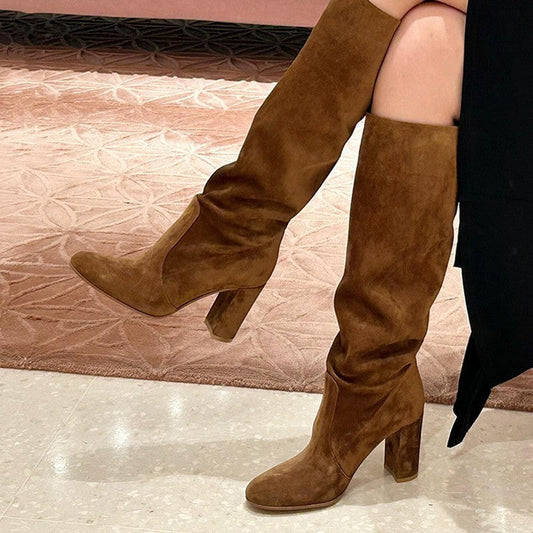 Women’s Suede High Heel Boots | Pleated Thick Heel Pointed Toe