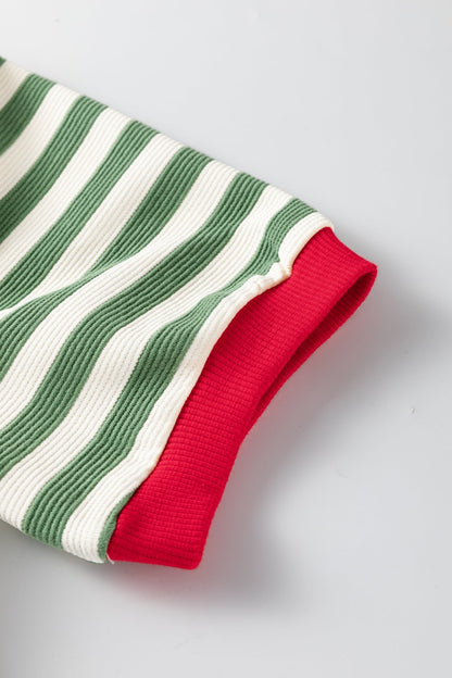 Kimberly Stripe Short Puff Sleeve Contrast Trim Round Neck Tee - Green
