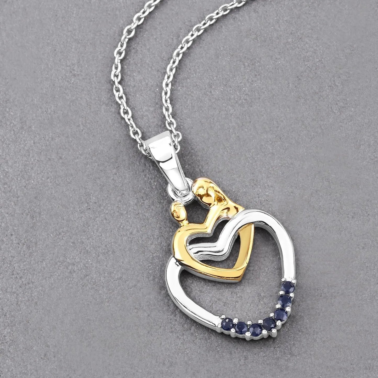 Round Blue Sapphire Prong Silver Double Heart Pendant Necklace