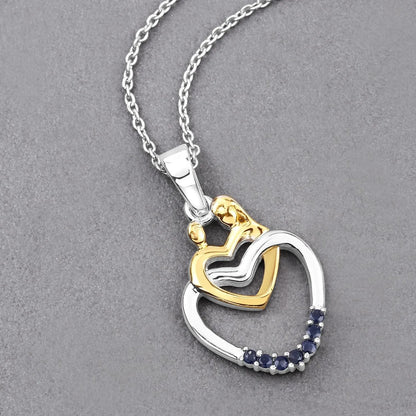 Round Blue Sapphire Prong Silver Double Heart Pendant Necklace