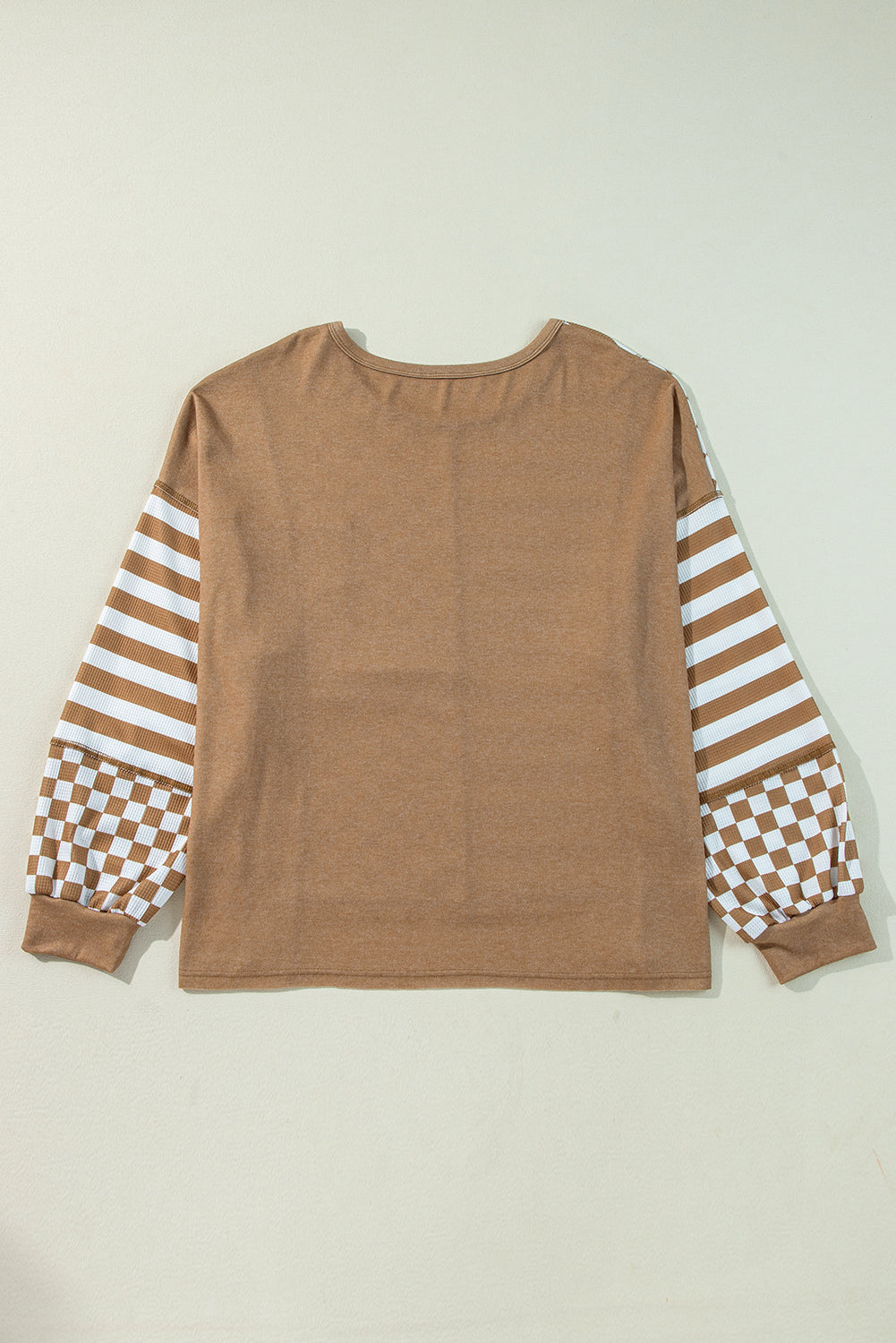 Threaded Pear Khaki Striped Checkered Mixed Print Chest Pocket Casual Plus Size Top