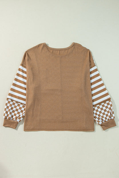 Threaded Pear Khaki Striped Checkered Mixed Print Chest Pocket Casual Plus Size Top