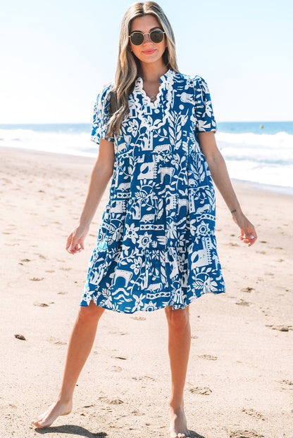 Threaded Pear Halle Ricrac Trim Split Neck Floral Loose Dress