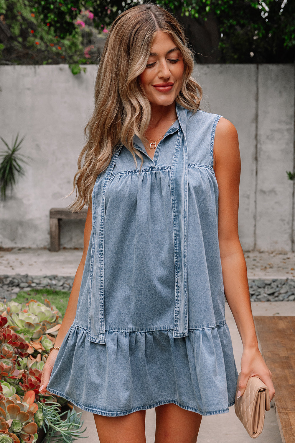 Threaded Pear Clare Sleeveless Ruffled Chambray Dress