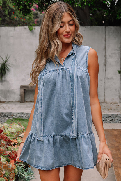 Threaded Pear Clare Sleeveless Ruffled Chambray Dress