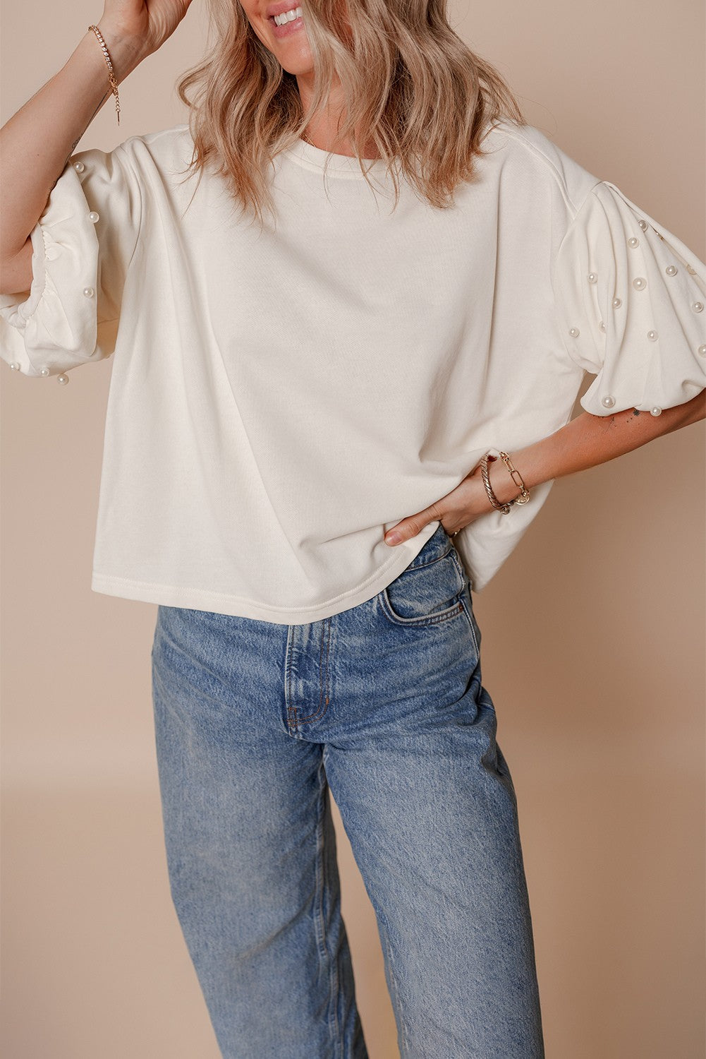 Threaded Pear Sylvia Pearled Puff Sleeve Loose Top