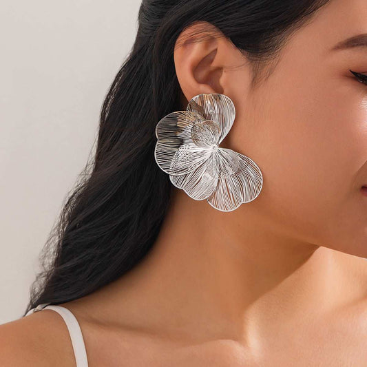 Silvertone Textured Netted Flower Statement Stud Earrings