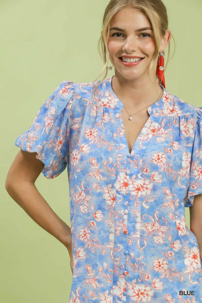 Umgee Floral Button-Front Short Sleeve Shirt
