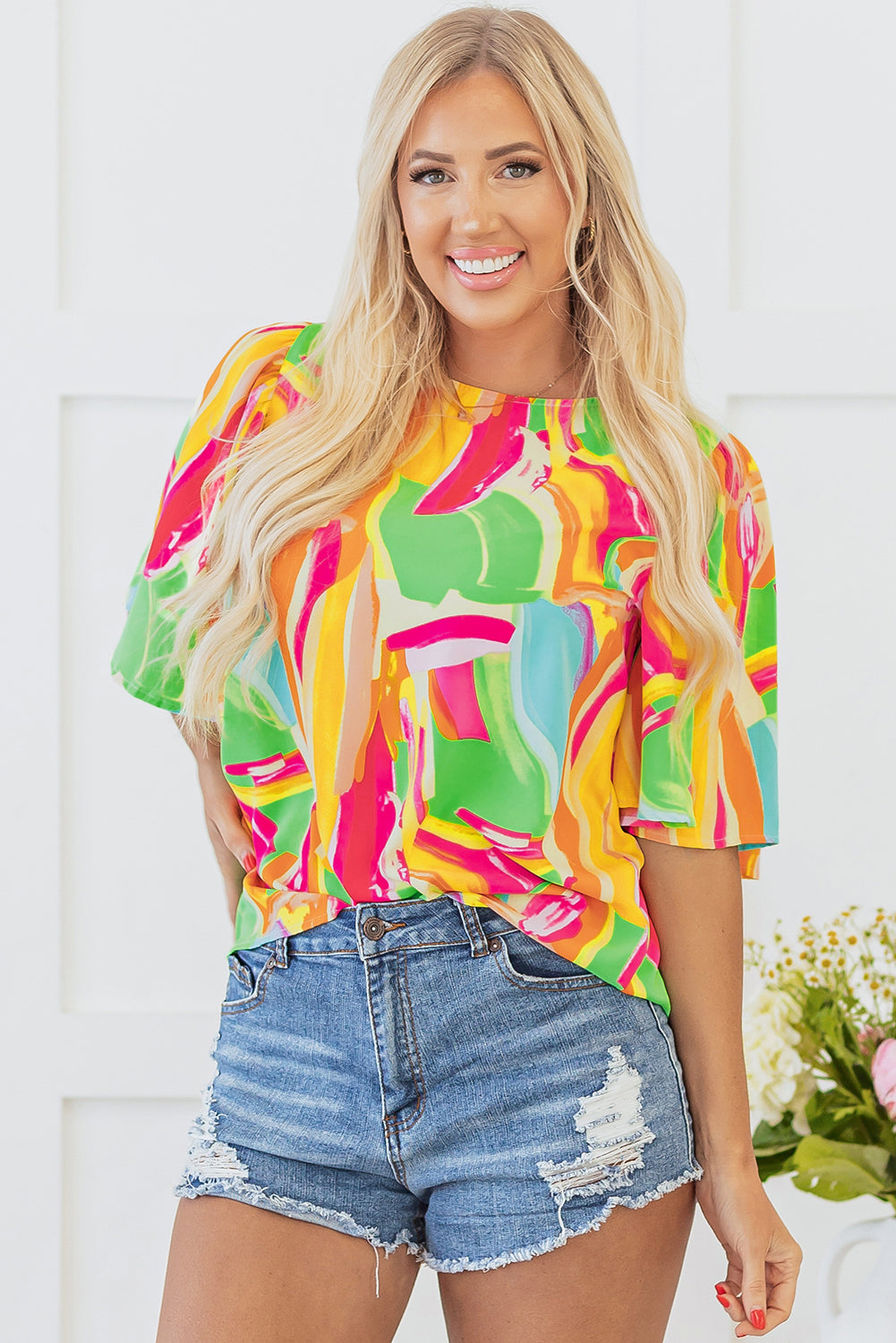 Threaded Pear Angel Abstract Half Sleeve Blouse