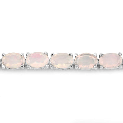 7.83 Cttw Oval White Ethiopian Opal Prong Rhodium Plated Silver Tennis Bracelet