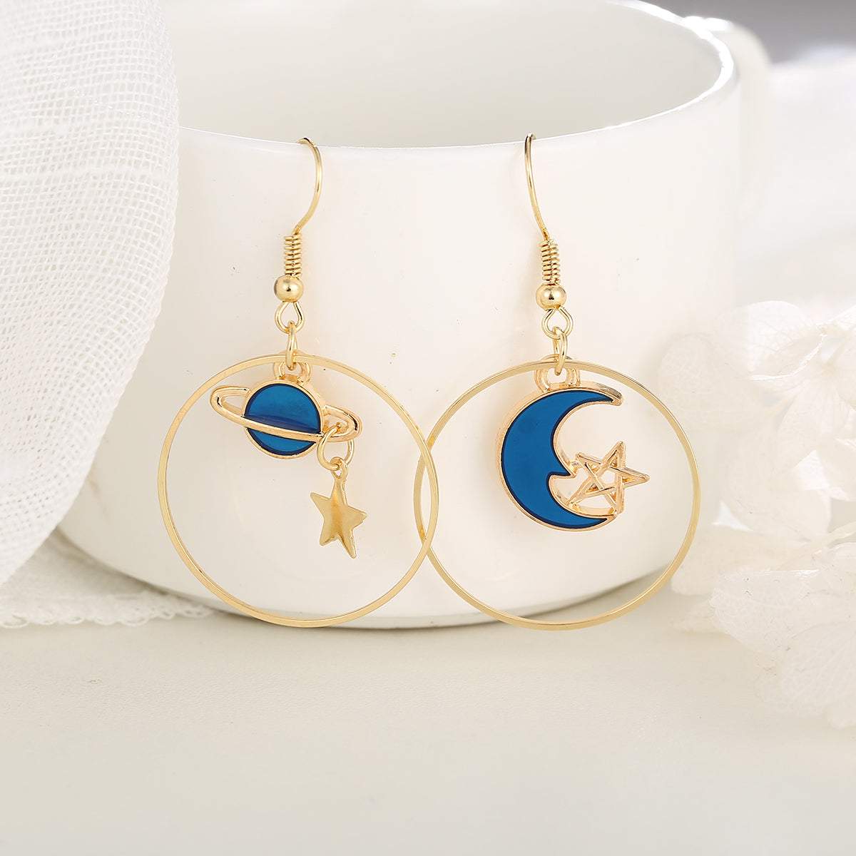 Blue Enamel & Goldtone Celestial Drop Hoop Earrings