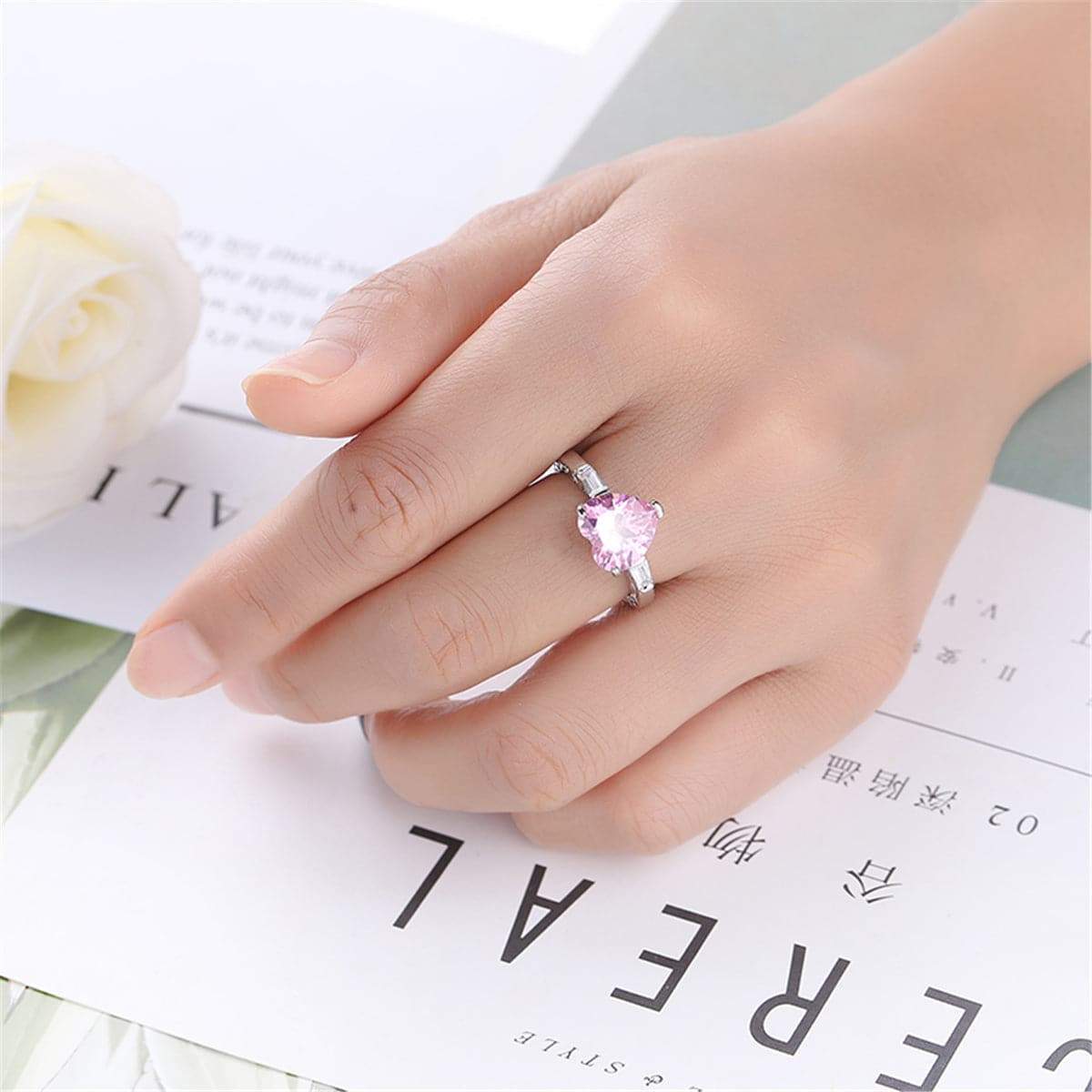 Pink Crystal & Silvertone Heart Ring-9