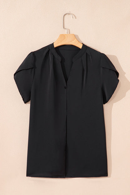 Rose Red Silky Notched Neckline Petal Sleeve Blouse