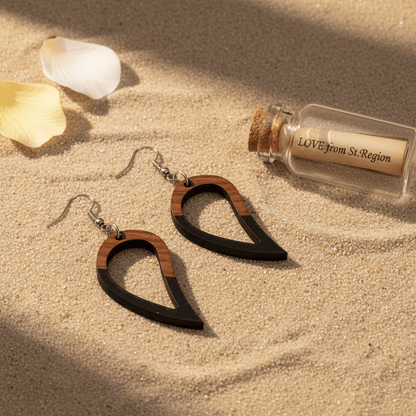 Black Resin & Wood Silvertone Upside-Down Drop Hook Earrings