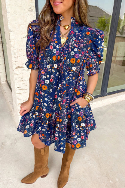 Leonora- Blue Wild Daisy Floral Split Neck Short Puff Sleeve Mini Dress