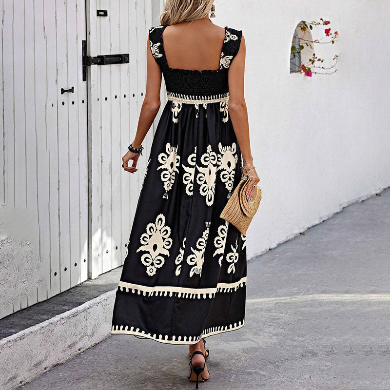 Women's Wide-Strap Printed Maxi Dress – Smocked Bodice & Tassel Waist