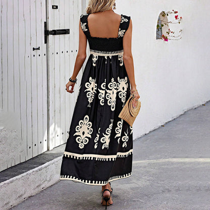 Women's Wide-Strap Printed Maxi Dress – Smocked Bodice & Tassel Waist