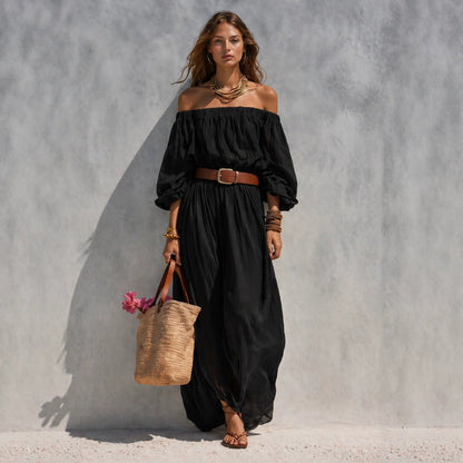 Women's Boat-Neck Sleeveless Cotton-Linen Maxi Dress Blue / S