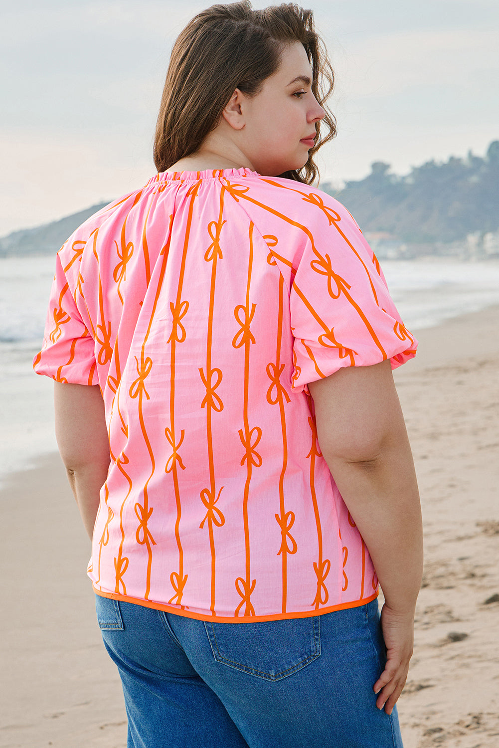 Threaded Pear Sydney Plus Size Bowknot V Neck Blouse