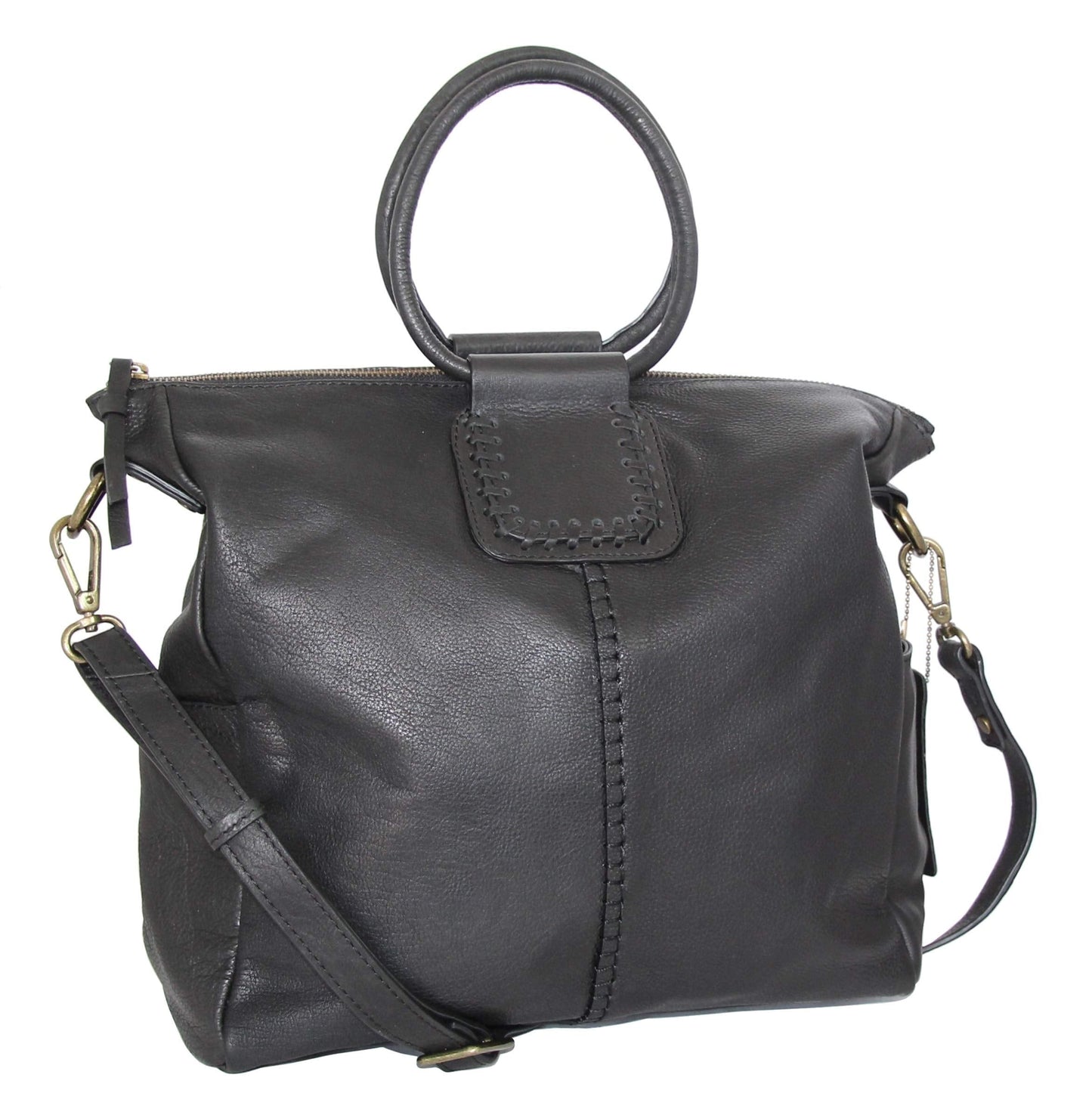 Leather Ring Handle Tote w/ Strap in Black