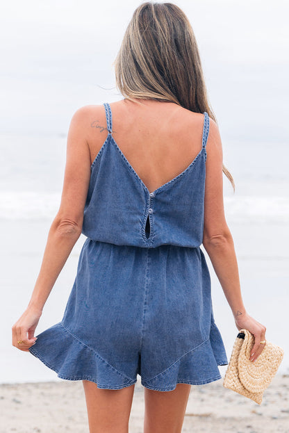 Threaded Pear Aspyn Spaghetti Straps Ruffled Leg Chambray Romper
