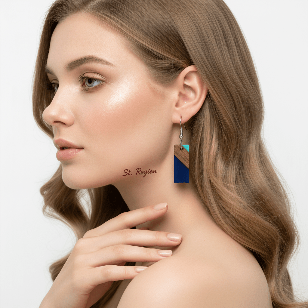 Mint Green & Navy Resin Wood Silvertone Color-Block Rectangle Hook Earrings