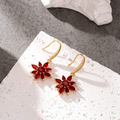 Red Crystal & Cubic Zirconia Goldtone Flower Hook Earrings